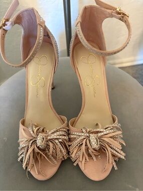 Jessica Simpson Pink Blush Suede Fringe Ankle Strap Heels